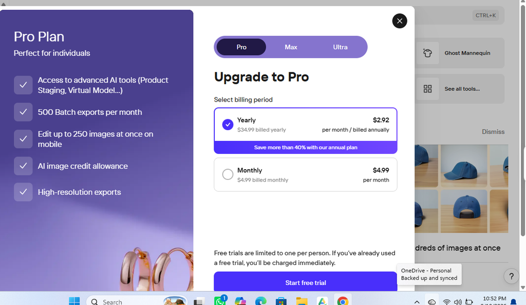 Photoroom pricing plans showing Free, Pro, Max, and Ultra options
