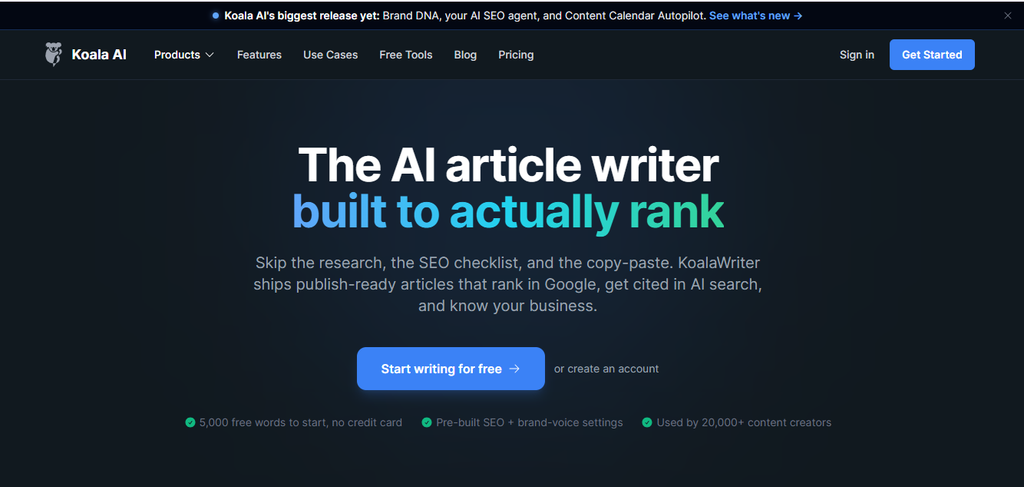 KoalaWriter AI blog writing tool for generating SEO optimized articles